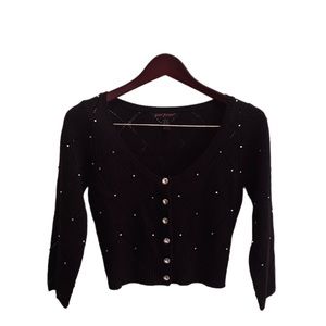 Betsey Johnson Medium Cropped Black Knit w/ White Rhinestones Cardigan Sweater